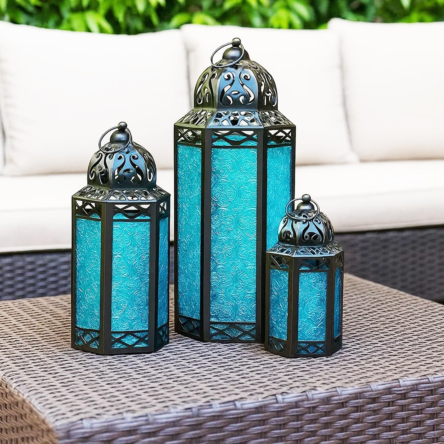 VELA LANTERNS Moroccan Candle Lanterns - Decorative Set of 3, Blue Metal and Glass Candle Holders for Floor, Ramadan Decorations, Home Decor Indoor, Outdoor Patio or Porch, Weddings and Parties