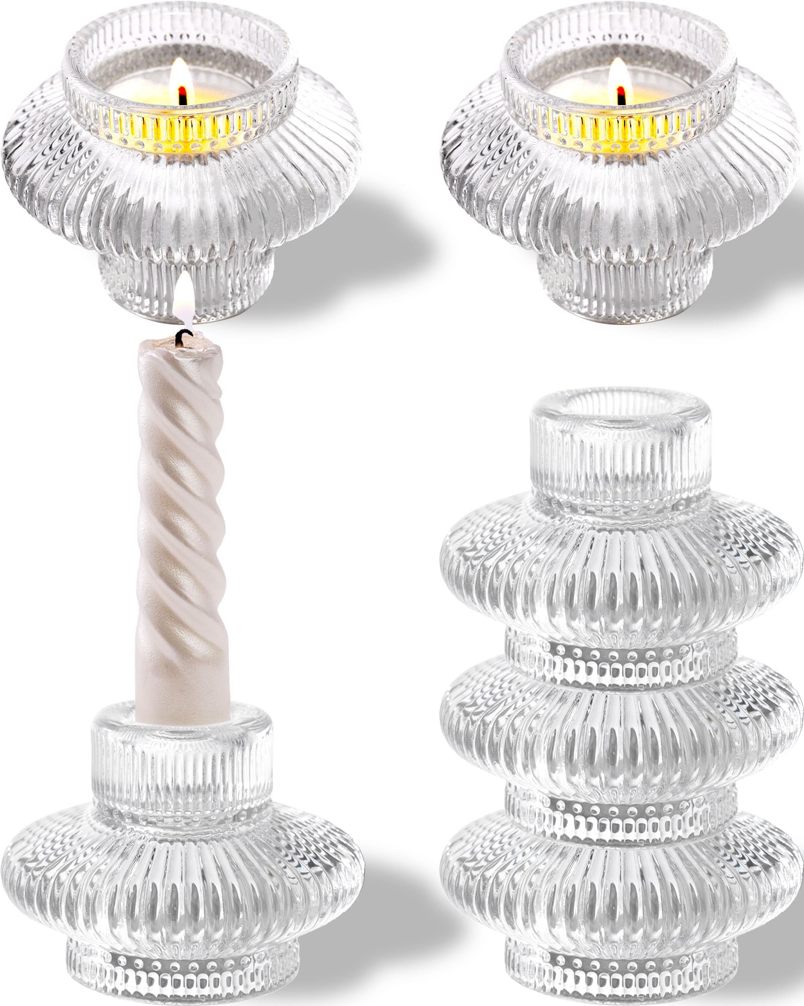 TERRIFI 6 Pcs Taper Glass Candle Holder Set for Taper Candles and Tea Lights, Candlestick Holder Set for Wedding, Party, Holiday Decoration