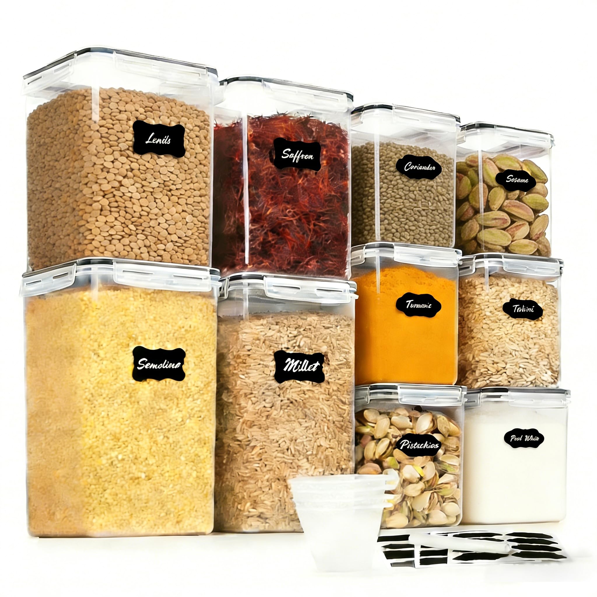 Vtopmart 10 PCS Flour and Sugar Storage Container with Lids (6.5L*2+5.2L*2+2.5L*6), Large Airtight Food Storage Container for Kitchen, Pantry Organization, BPA Free, Black