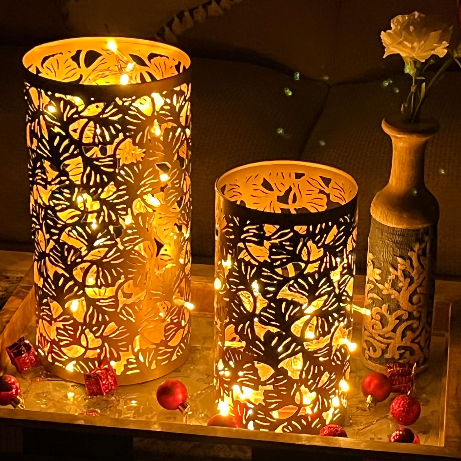 Hurricane Candle Lanterns Metal Set – Arabic Retro Vintage Ramadan Candleholder Centerpieces for Weddings, Indoor, Garden, Living Room & Dining Table Home Décor (LED Hurricane Gold)