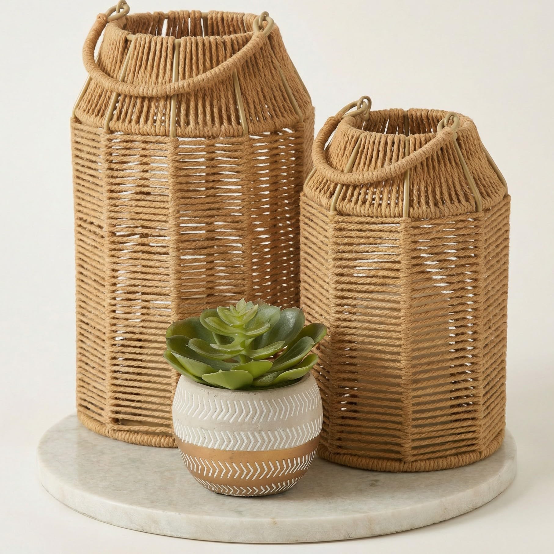 Natural Jute Boho Lanterns - Handcrafted Decor to Enhance Your Home - Modern Farmhouse Beauty Perfect for Any Living Room, Patio & Porch, Indoor and Outdoor Coffee Table or Kitchen Dining Table