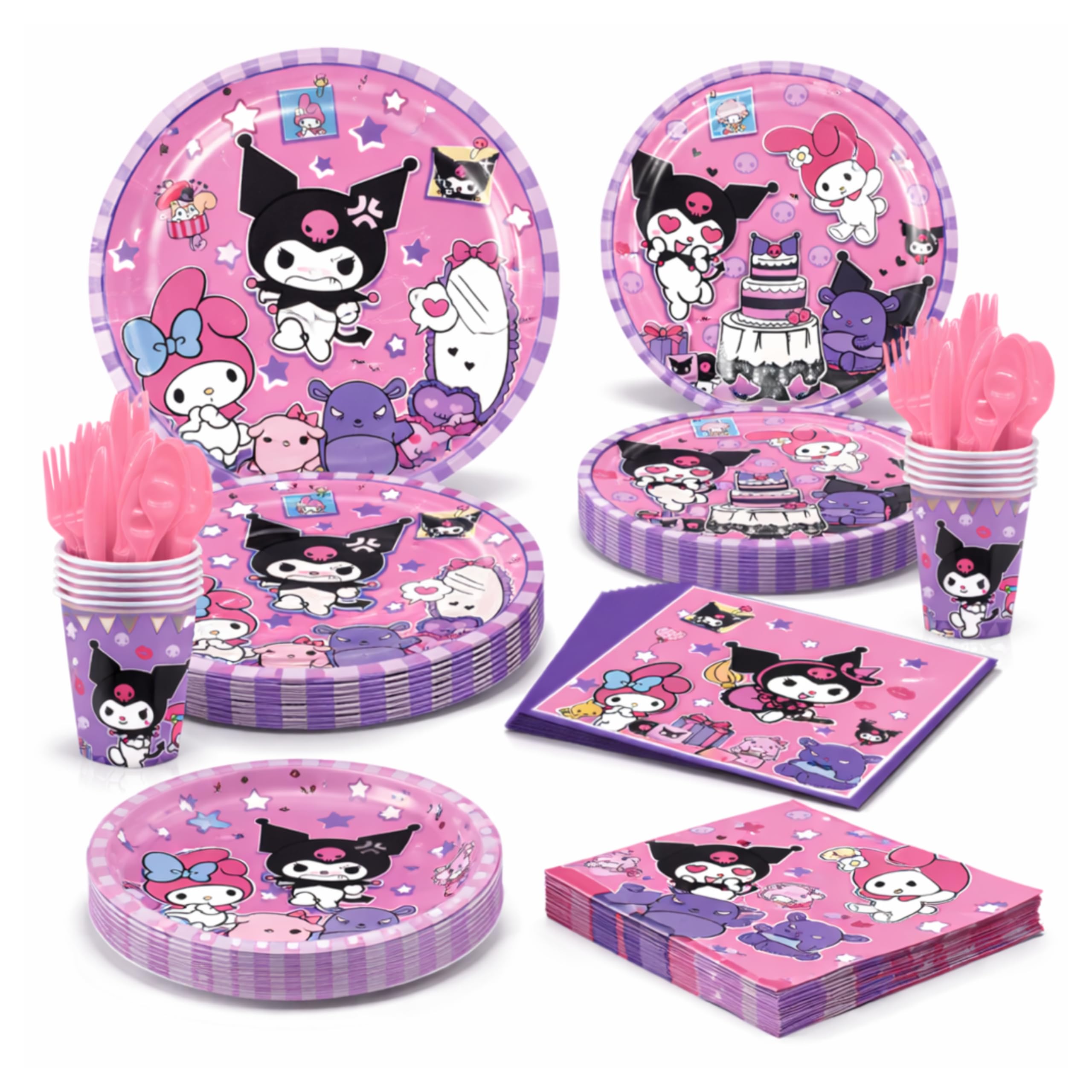 Cute Pink Black Cartoon Party Disposable Tableware Set for Girls – 10 Sets Plates Cups Napkins Cutlery Tablecloth | Kids Birthday Party Supplies Pink Theme Decoration Kit