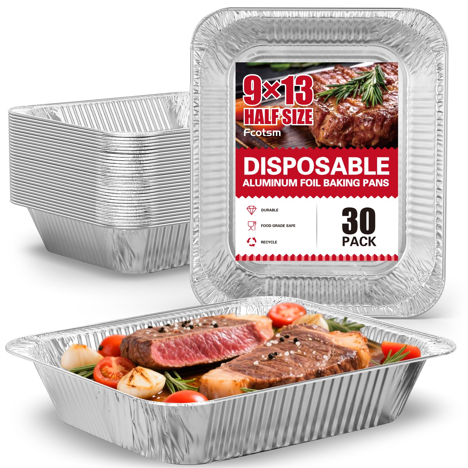 Aluminum Pans Half Size (30 Pack), 9x13, Heavy Duty Disposable Foil Pans for Baking, Roasting, Cooking, Heating, Storing, Deep Tin Foil Bakeware for Oven, Steam Table Tray, Cookware, Food Prepping
