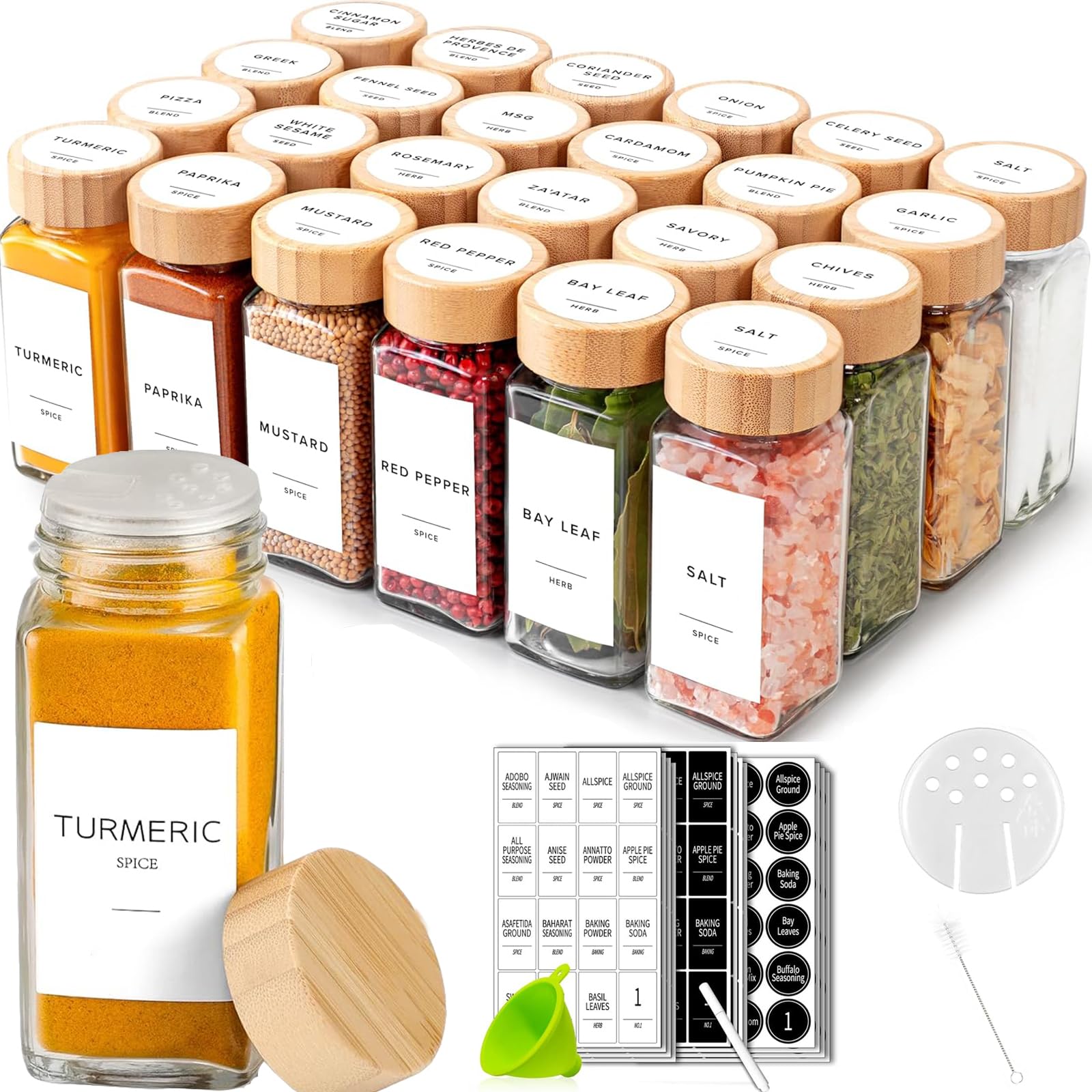12 Pcs Glass Spice Jars with Bamboo Lids 4oz Airtight Square Spice Containers with 250 Labels Stickers Shaker Lids Collapsible Funnel Chalk Pen Seasoning Organizer for Kitchen Cabinet Spice Rack