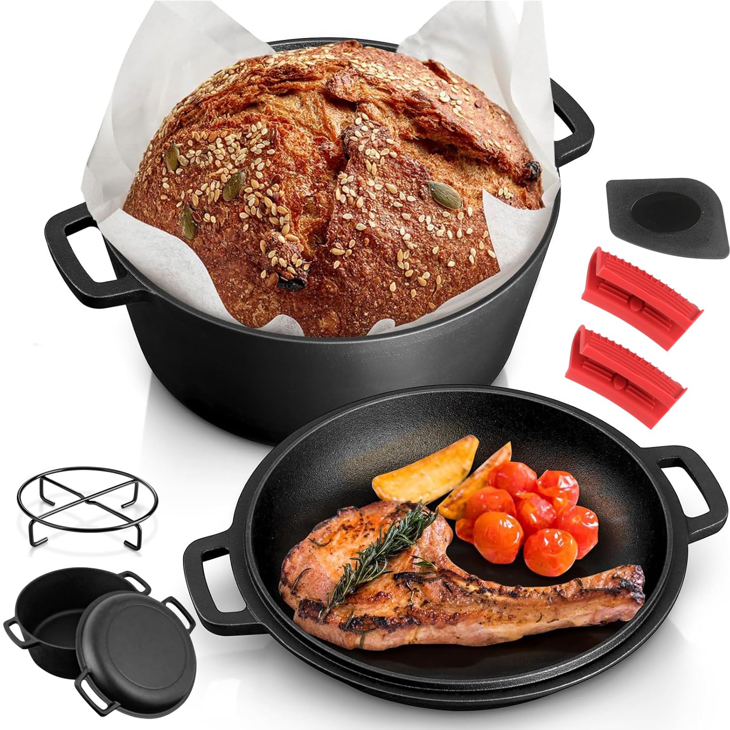 Cast Iron Dutch Oven Pot with Skillet Lid Cooking Pan, 26cm Cast Iron Skillet Cookware Pan Set with Dual Handles, Indoor Outdoor for Bread, Frying, Baking, BBQ