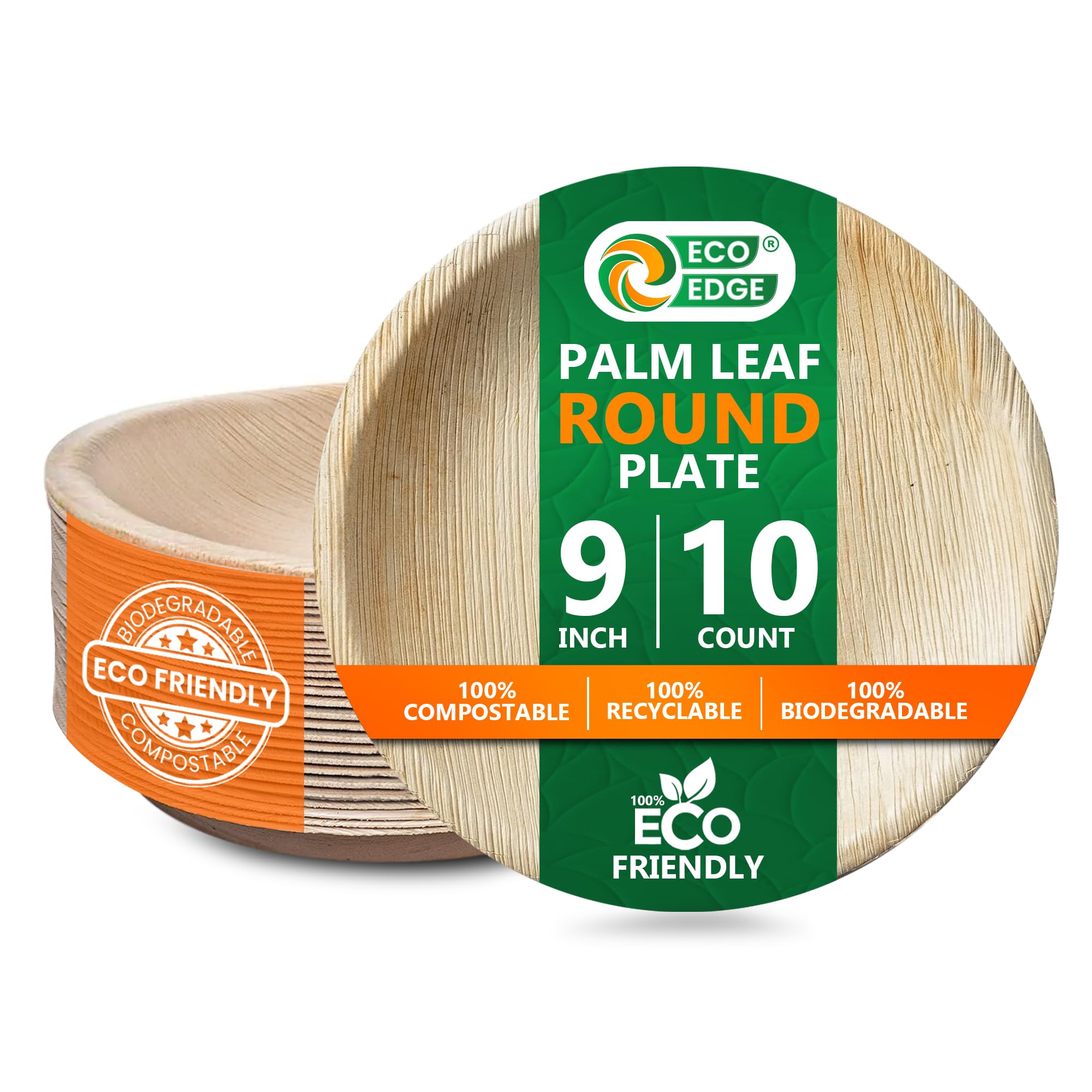 EcoEdge 9-Inch Round Areca Palm Leaf Disposable Plates (Pack of 10) | Recyclable, Non-Toxic, Eco Friendly, Biodegradable, Sustainable | Bamboo Wood Finish, Naturally Elegant | 100% Compostable