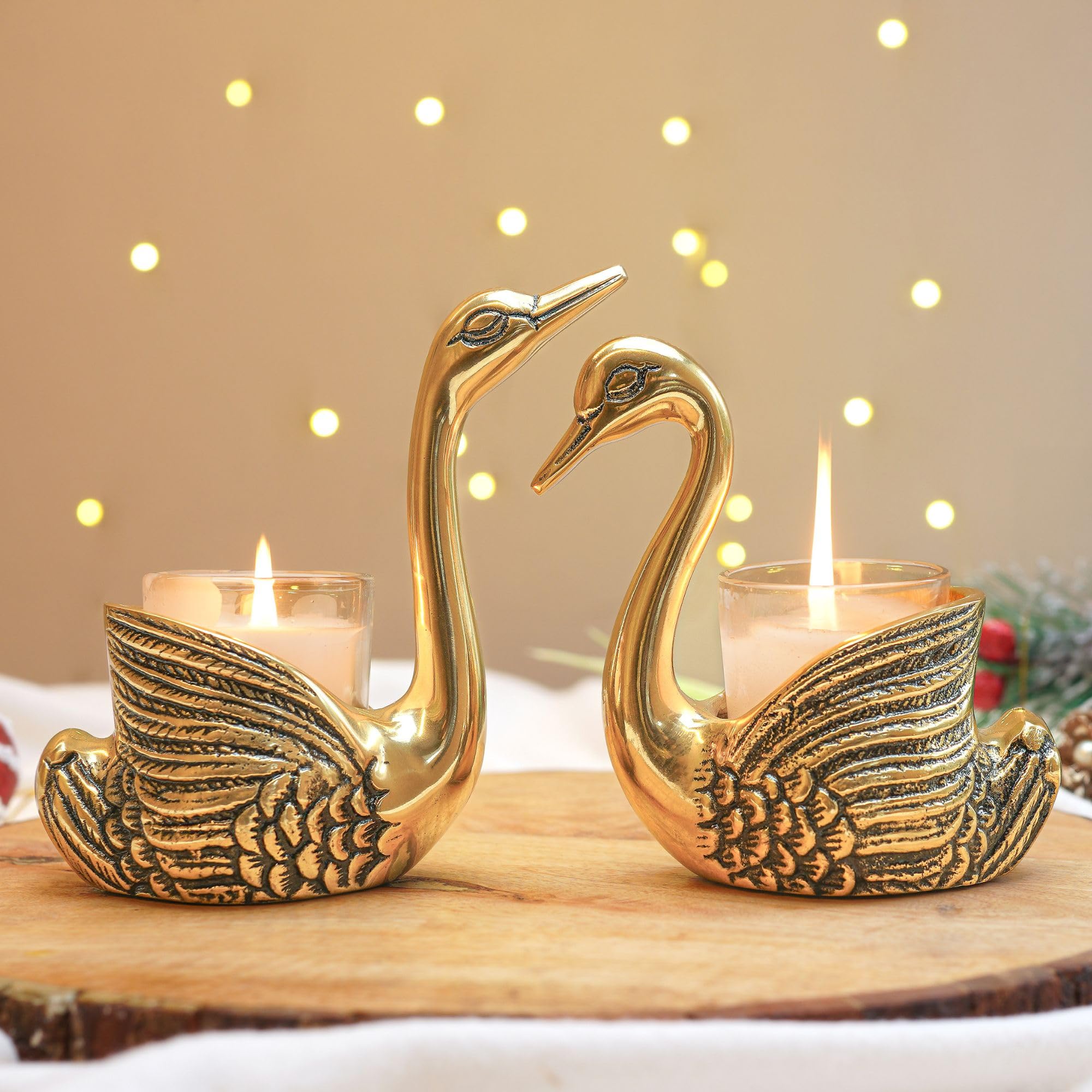 BEHOMA Metal Pair of Swans for Good Luck and Love|Candle Holder for Home Decor Tabletop Living Room Office|Showpiece Vastu Statue for Gifting (Candles/Plants Etc Not Included), Gold