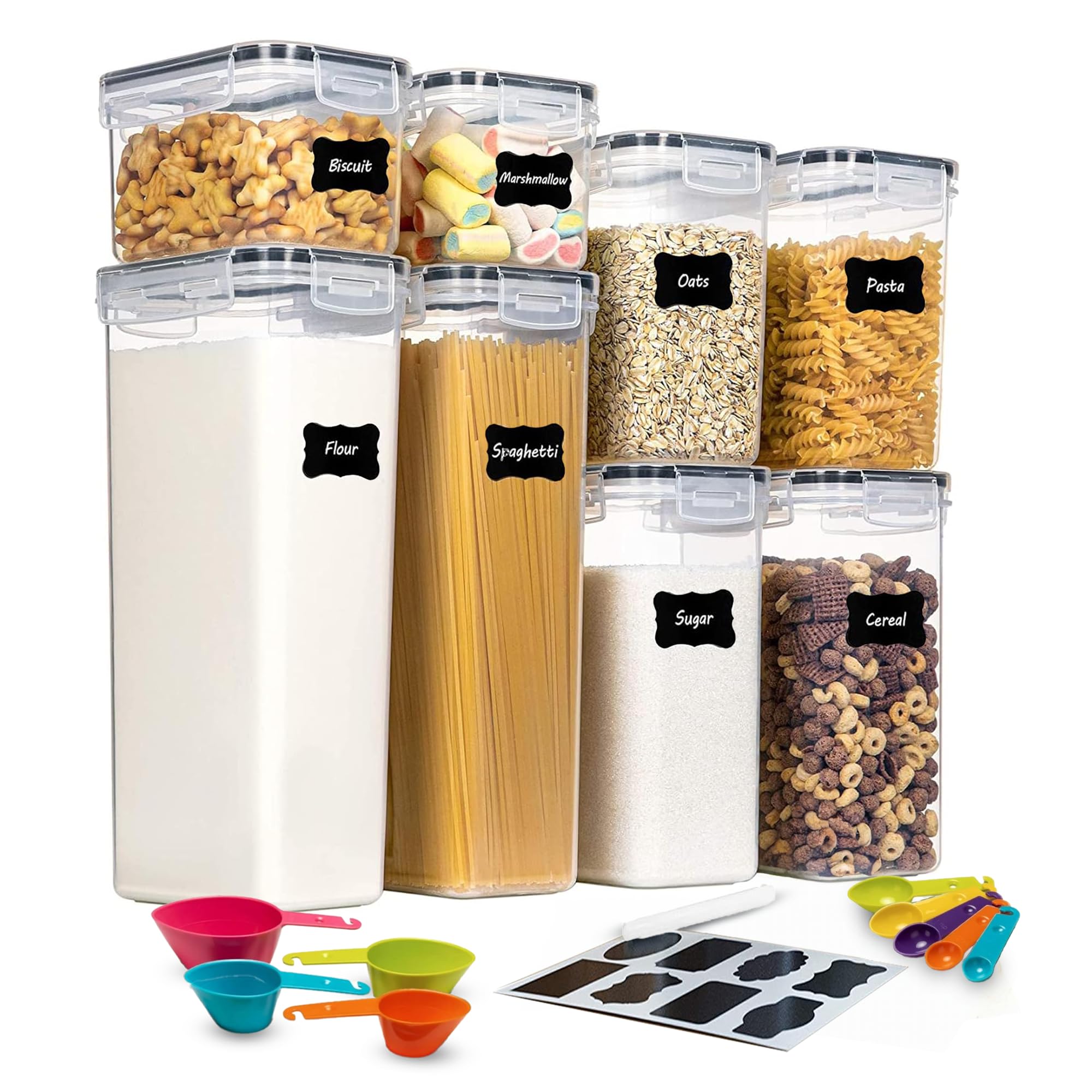 8-Pc Airtight Food Storage Containers Set – BPA-Free Plastic Pantry Canisters for Rice, Cereal, Flour, Sugar, Pasta – Stackable Kitchen Organizers with Labels, Marker, Measuring Cups & Spoons