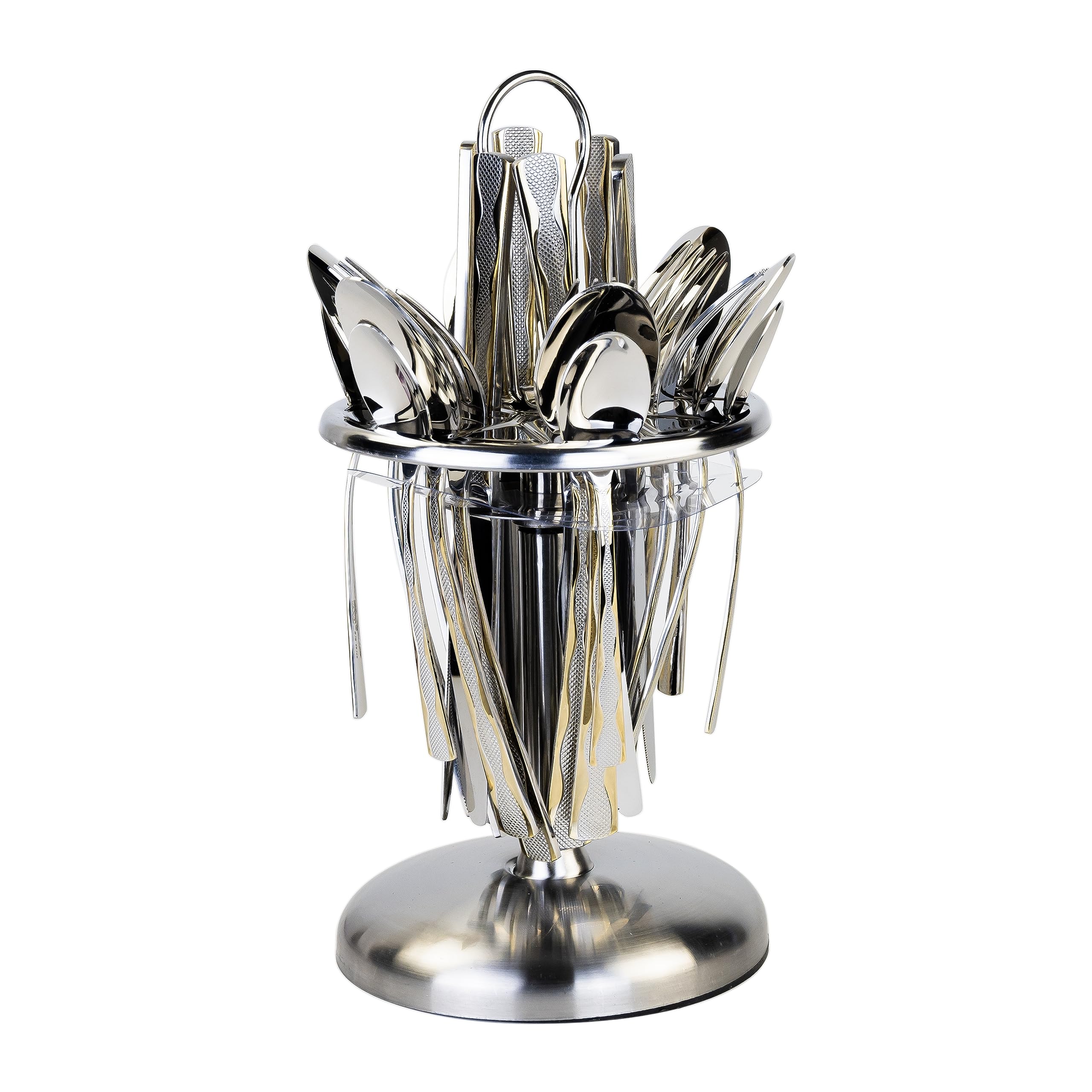 Cuisine Art Berger 24 Piece Silverware Flatware Cutlery Set with Revolving Round Stand, Stainless Steel Includes 6 Knife, Fork, Spoon and Tea Spoon, Dinner Mirror Polished, Dishwasher Safe