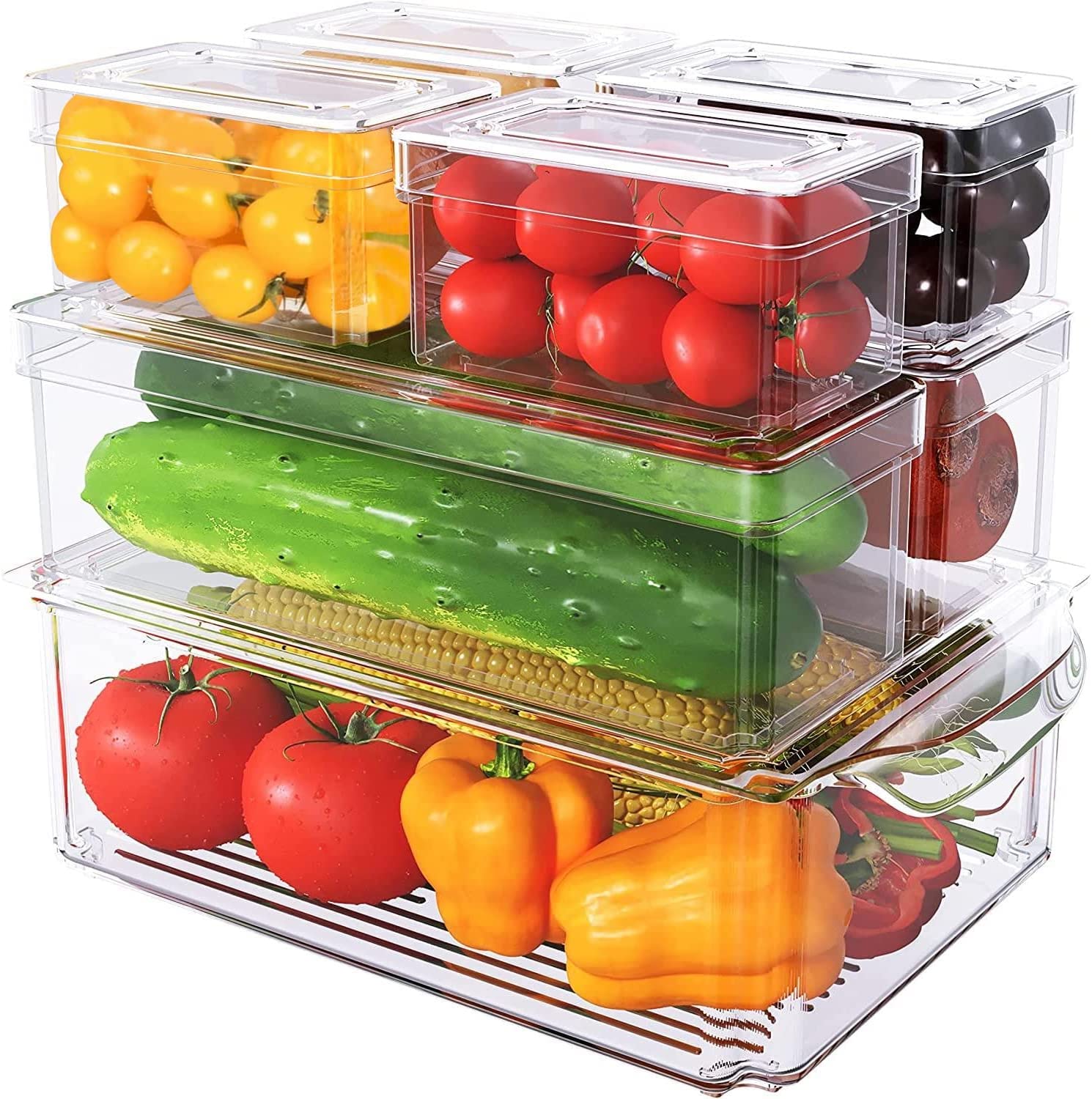 UCHUANG Set of 7 Fridge Organizer, Stackable Refrigerator Organizer Bins with Lids, Fridge Organization and Food Storage Clear Containers, BPA-Free Plastic Pantry Storage Bins for Kitchen
