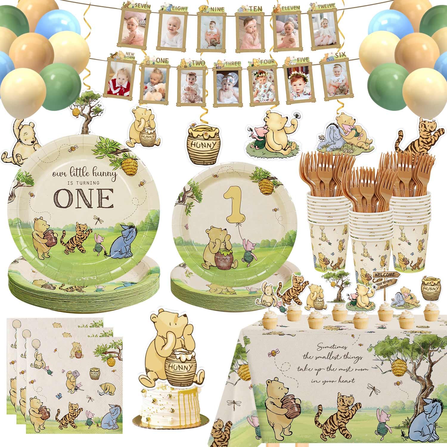 Winnie Pooh First 1st Birthday Decorations 192Pcs Vintage Pooh Bear Plates Cups Napkins Balloons Banner Tablecloth Swirls Cupcake Toppers for First Birthday Girls Boys, 25 Guests