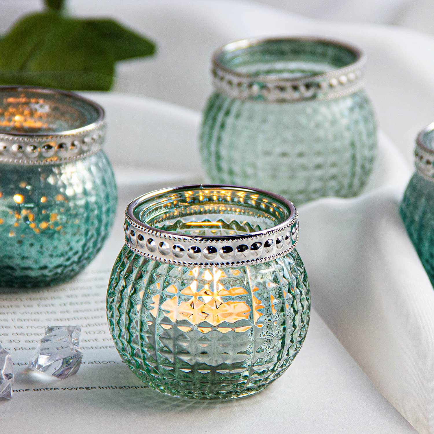 Small Glass Votives Set of 12, 2.3" Tealight Candle Holders in Bulk, Vintage Boho Glass Candle Holders for Table Centerpiece Wedding Home Decor and Holiday Decor (Mint Green)