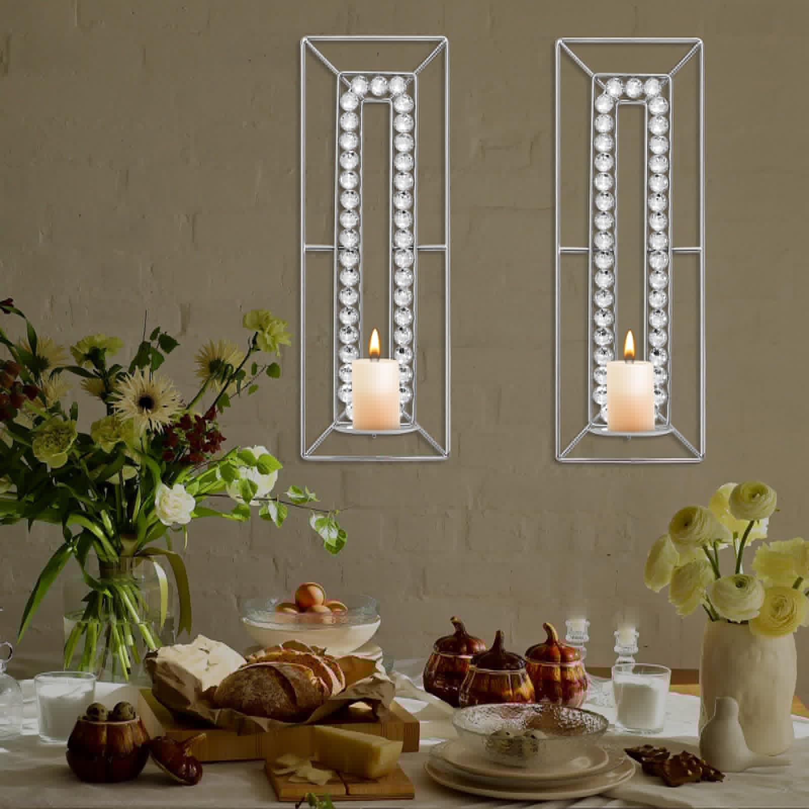Crystal Candle Holder Silver Wall Sconces Set of 2 Glam Room Decor Wall Art Luxury Decorations Fireplace Mantel Decor Home Décor Accents for Living Room Kitchen Bedroom Dining Room Bathroom