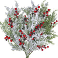 6 Pcs Snowy Artificial Cedar Picks with Red Berries Frosted Faux Cedar Sprays Cedar Greenery Branches Stems for Christmas Tree Wreath Floral Arrangement Vase Winter Christmas Decorations