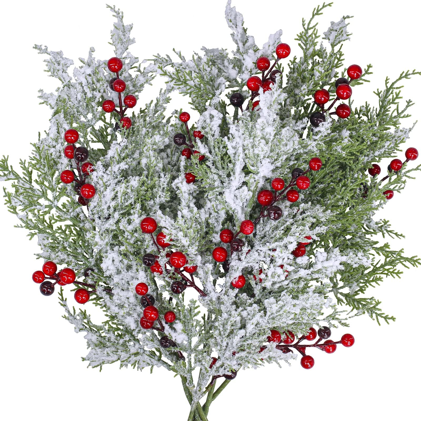 6 Pcs Snowy Artificial Cedar Picks with Red Berries Frosted Faux Cedar Sprays Cedar Greenery Branches Stems for Christmas Tree Wreath Floral Arrangement Vase Winter Christmas Decorations
