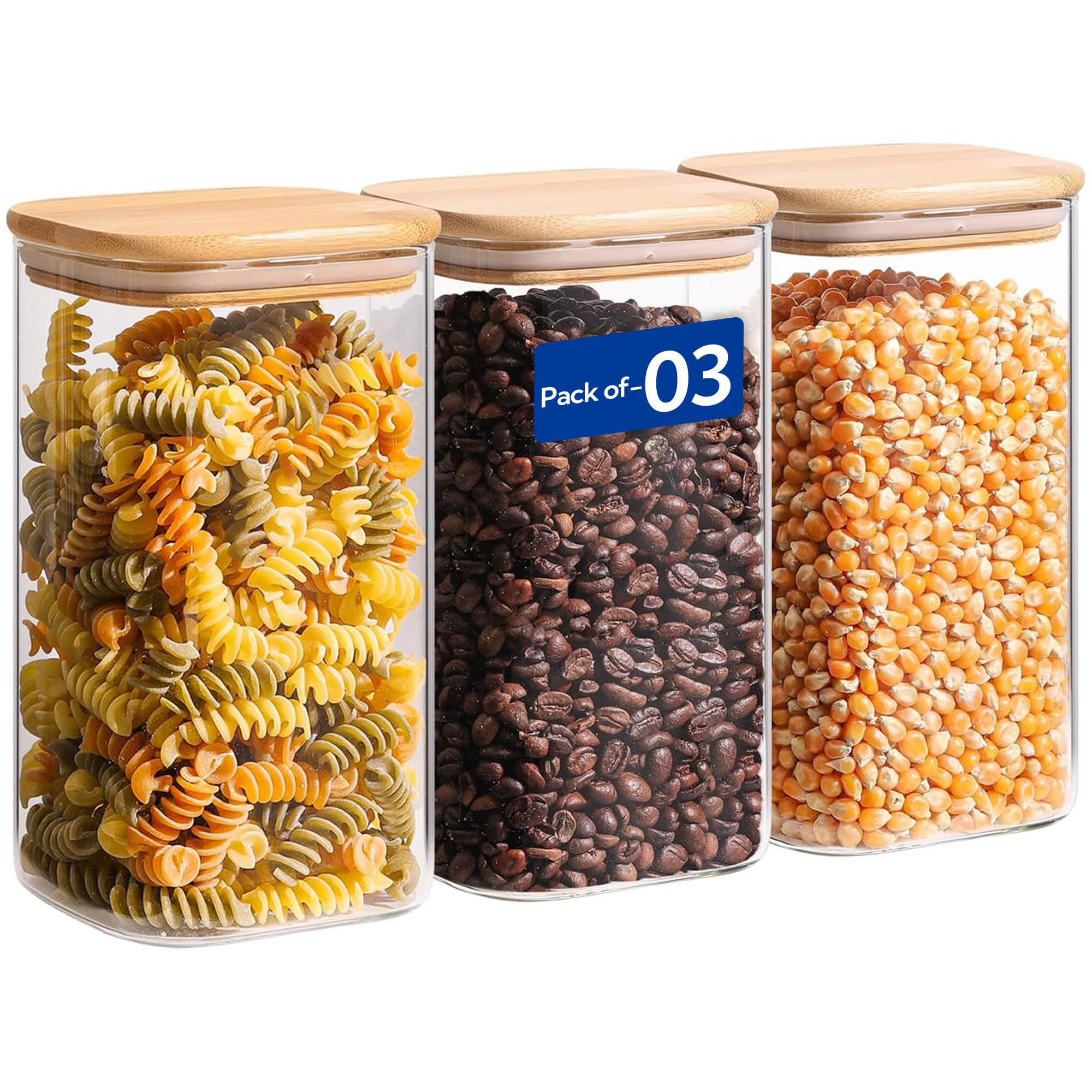 MARKQ Glass Storage Jar with Bamboo Lid, 1000ml, 10x15cm – Multipurpose Airtight Container for Spices, Snacks, Dry Fruits, Grains & Pantry Organization, Pack of 3
