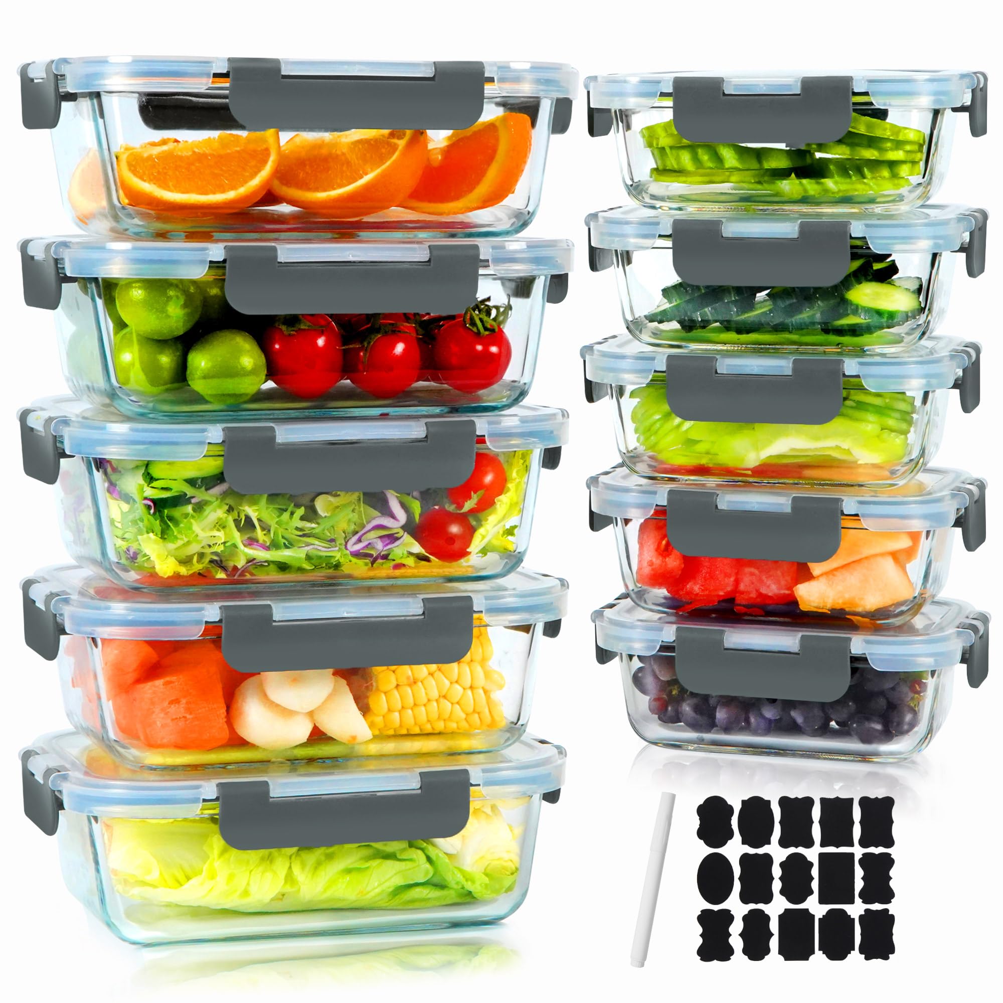 10 Pack Glass Food Storage Containers with Lids (1040ML & 370ML) - Airtight Glass Meal Prep Containers, BPA Free, Leakproof Lunch Boxes, for Microwave, Oven, Freezer and Dishwasher
