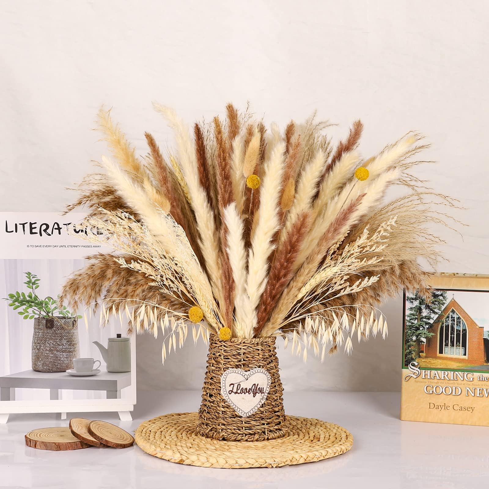 Pampas Grass Artificial Dried Flowers, 45CM Natural Fluffy Pampas Grass Decor Bouquet for Home Party Wedding Boho Decor