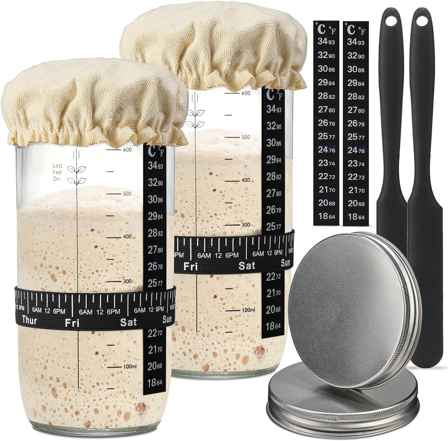 Sourdough Starter Jar Kit, 730ml Reusable Wide Mouth Sour Dough Starter Container, with Silicone Scraper, Thermometer, Date Marked Feeding Band, Cloth Cover And Aluminum Lid (2 Pack 24 oz/730 ml)