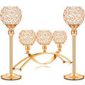 Gold Crystal Candle Holders, Tealight Candlestick Candelabra Stand with 3 Arms, Decorative Table Centerpieces for Wedding, Housewarming & Anniversary