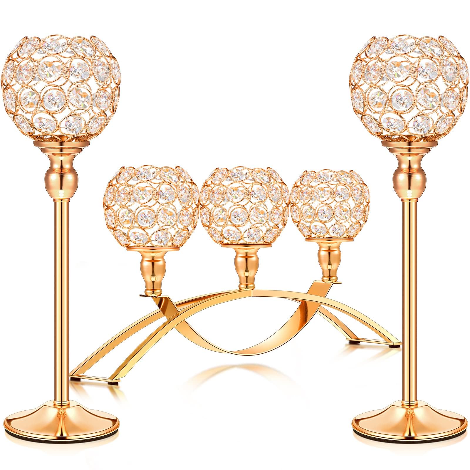 Gold Crystal Candle Holders, Tealight Candlestick Candelabra Stand with 3 Arms, Decorative Table Centerpieces for Wedding, Housewarming & Anniversary