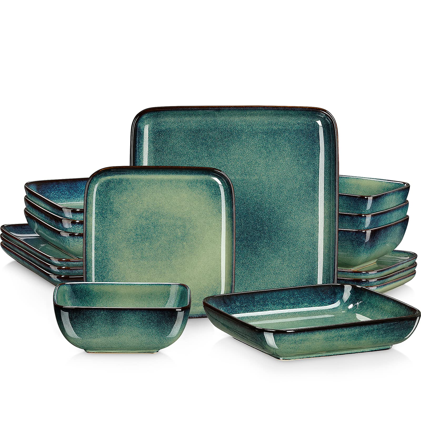 vancasso Stern Dinner Set for 4, Square Reactive Glaze Crockery Set, 16 Piece Dinnerware Tableware Set with Dinner Plates, Dessert Plate, Bowl and Soup Bowl, Vintage Green