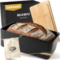 MIAMIO – Bread Box for Kitchen Countertop/Ceramic Bread Box with Cutting Board, Bread Container with Bamboo Lid, 32 x 20 x 11.5 cm (Black)