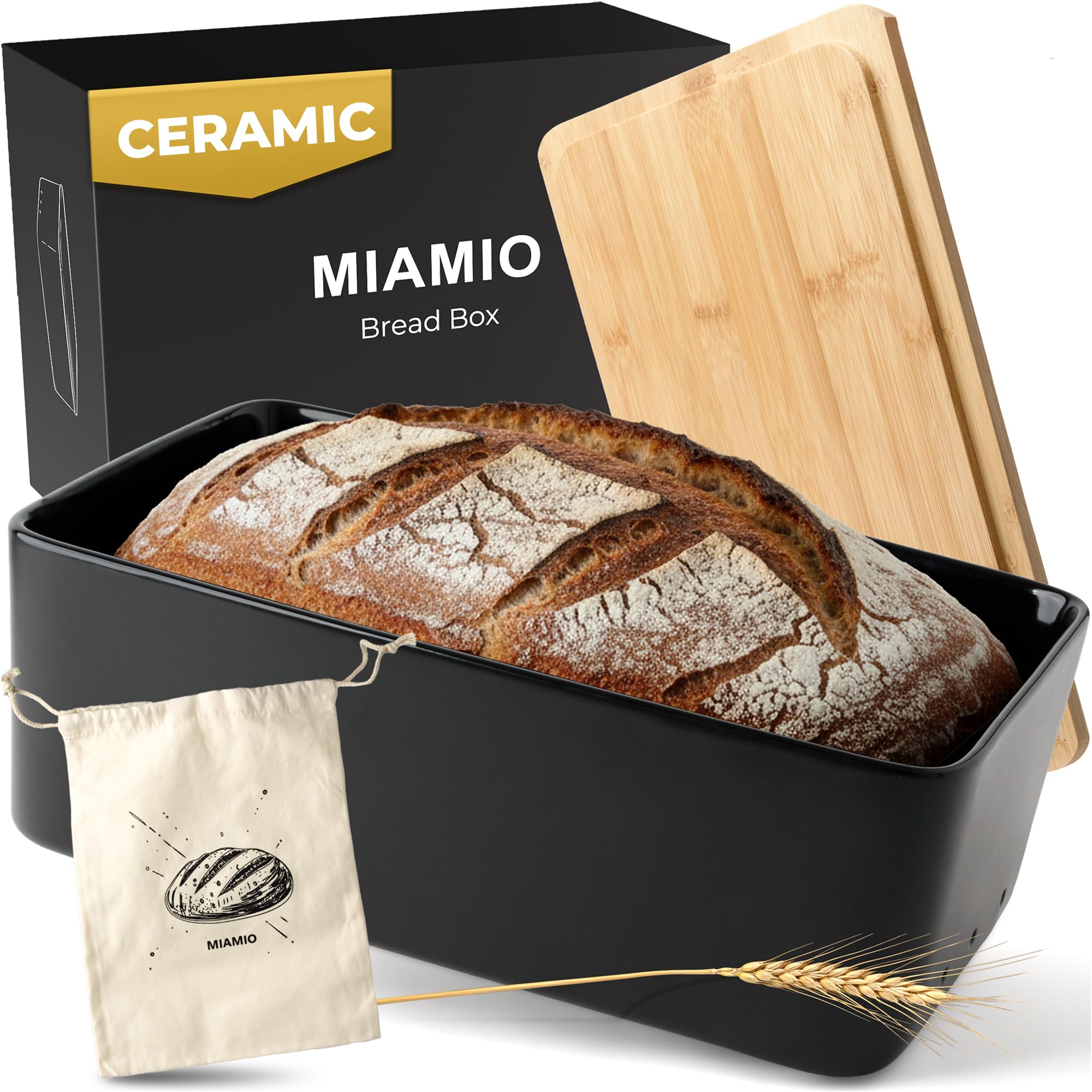 MIAMIO – Bread Box for Kitchen Countertop/Ceramic Bread Box with Cutting Board, Bread Container with Bamboo Lid, 32 x 20 x 11.5 cm (Black)