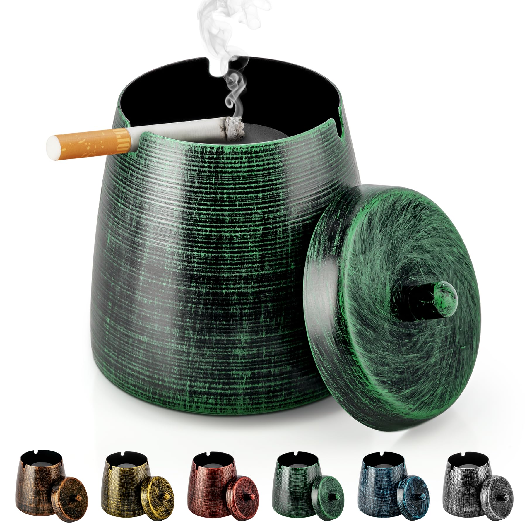 Ashtray for Cigarettes Outdoor, Outdoor Ashtray with Lid for Cigarette, Metal Odorless Windproof Smokeless AshTray for Patio Home Office Tabletop Outdoor Balcony