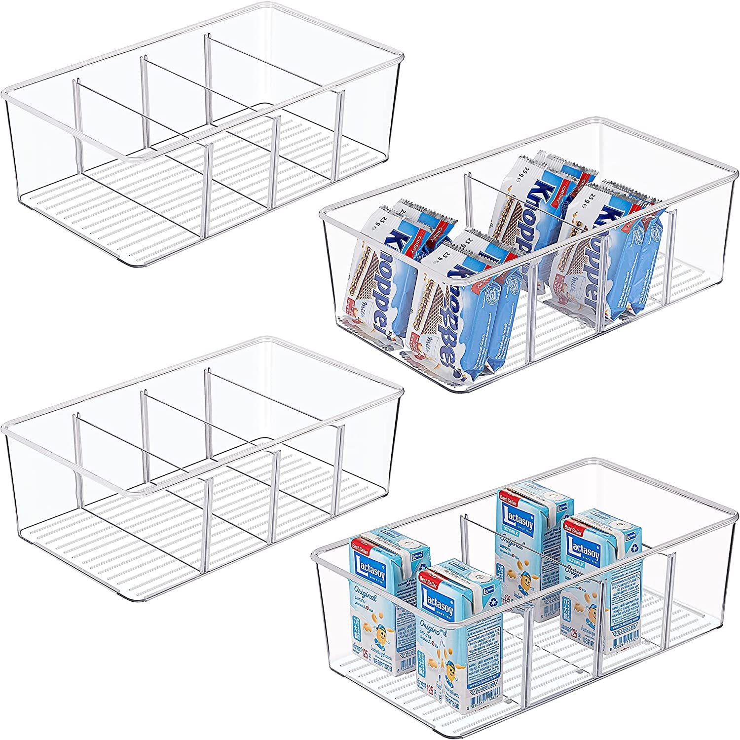 4 PACK Food Storage Organizer Bin Box Container - 4 Compartment Holder for Packets, Pouches, Ideal for Kitchen, Pantry, Fridge, Countertop Organization