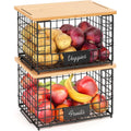 2 Pack Stackable Wire Baskets with Bamboo Top for Pantry Organizers and Storage, XXL Kitchen Organization Counter Basket for Fruit, Vegetable, Produce, Bread, Potato and Onion Storage Bins