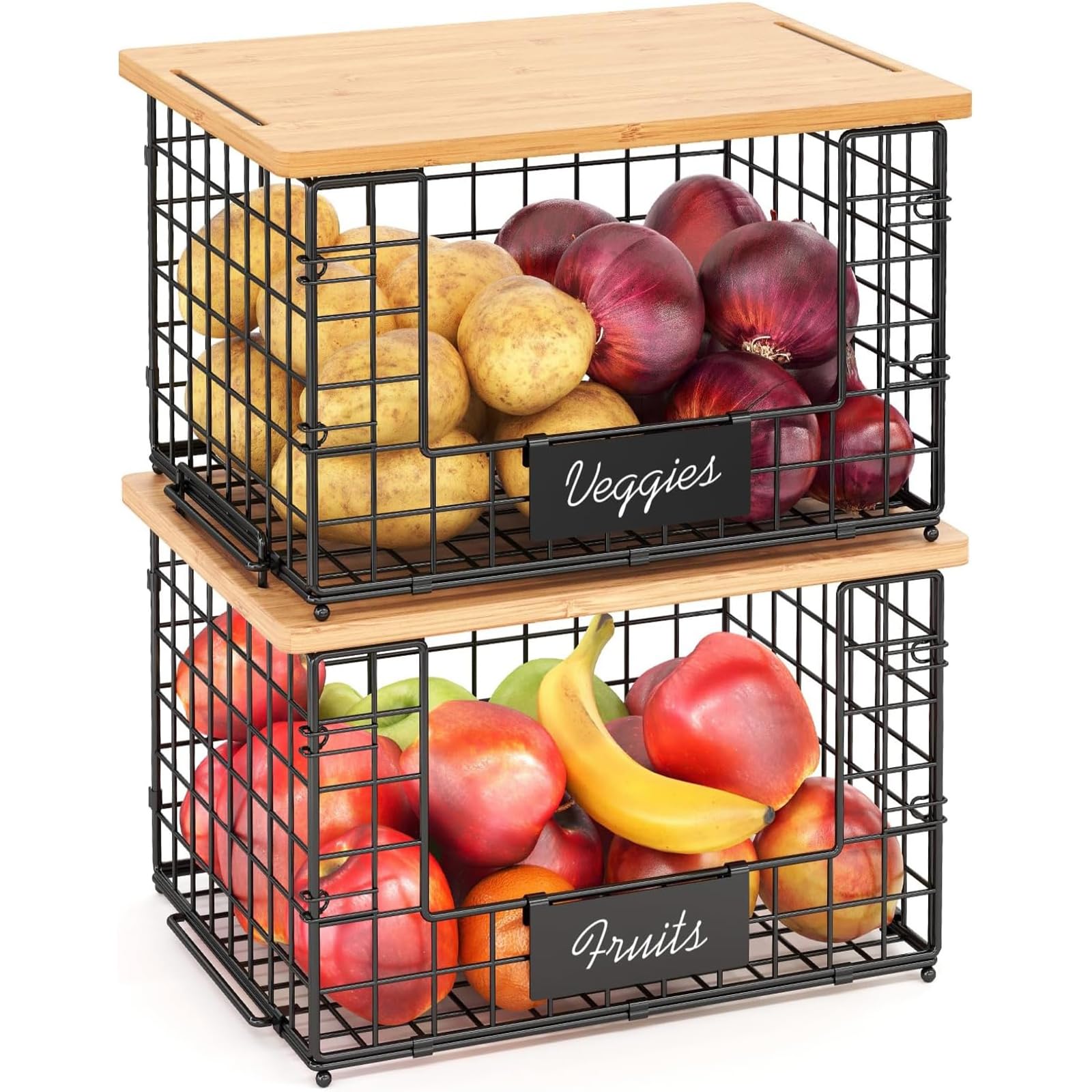 2 Pack Stackable Wire Baskets with Bamboo Top for Pantry Organizers and Storage, XXL Kitchen Organization Counter Basket for Fruit, Vegetable, Produce, Bread, Potato and Onion Storage Bins
