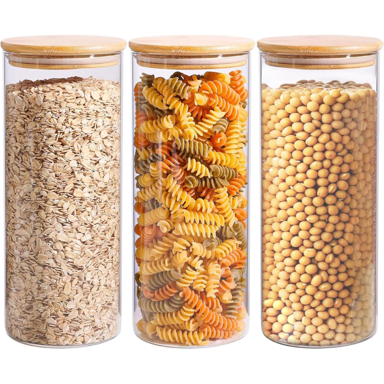 SKY-TOUCH 3PCS Glass Food Storage Jars, Kitchen Storage Glass Canister Set with Airtight Bamboo Lids, Suitable for Flour, Grains, Sugar, Tea, Coffee Beans, and Snacks, 2100ML
