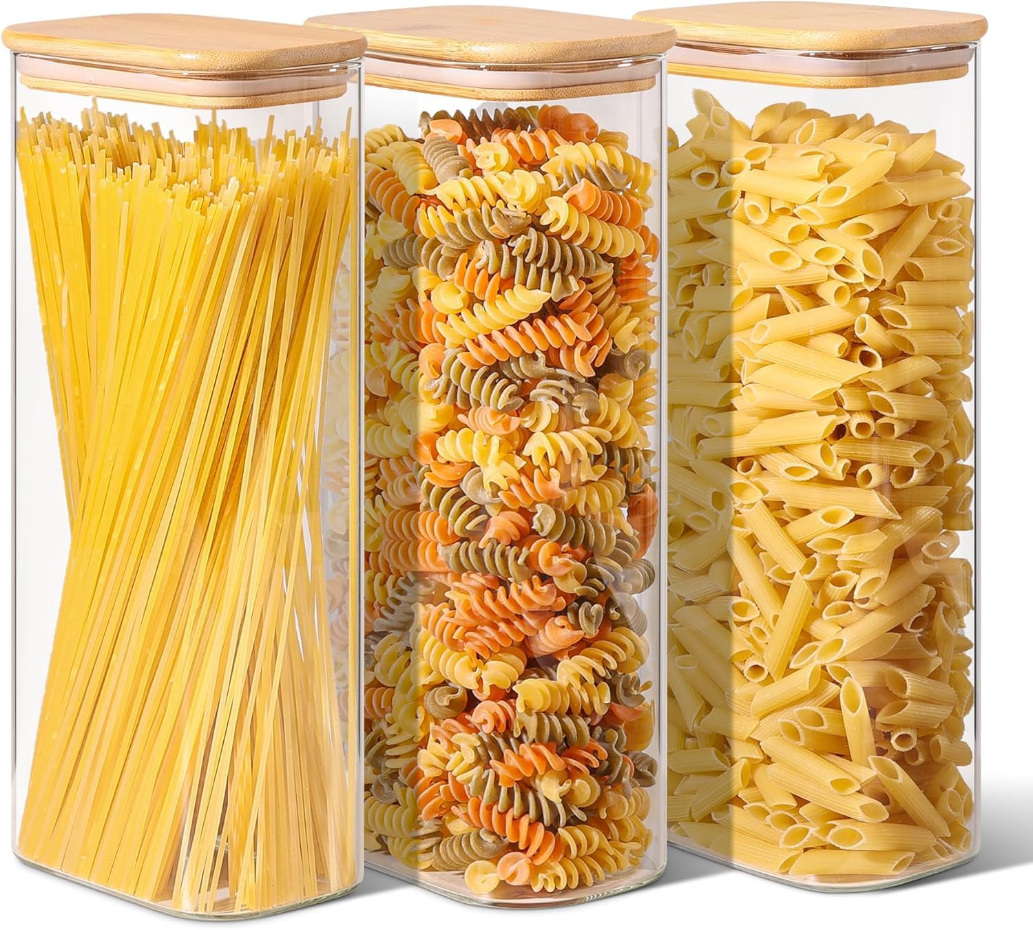 PREMIFY 3-Pack Glass Storage Jars 71oz Tall Containers with Airtight Bamboo Lids – High Borosilicate Mason Jars for Spaghetti, Pasta, Noodles, Cereal & Dry Food– Leakproof, BPA-Free Kitchen Canisters