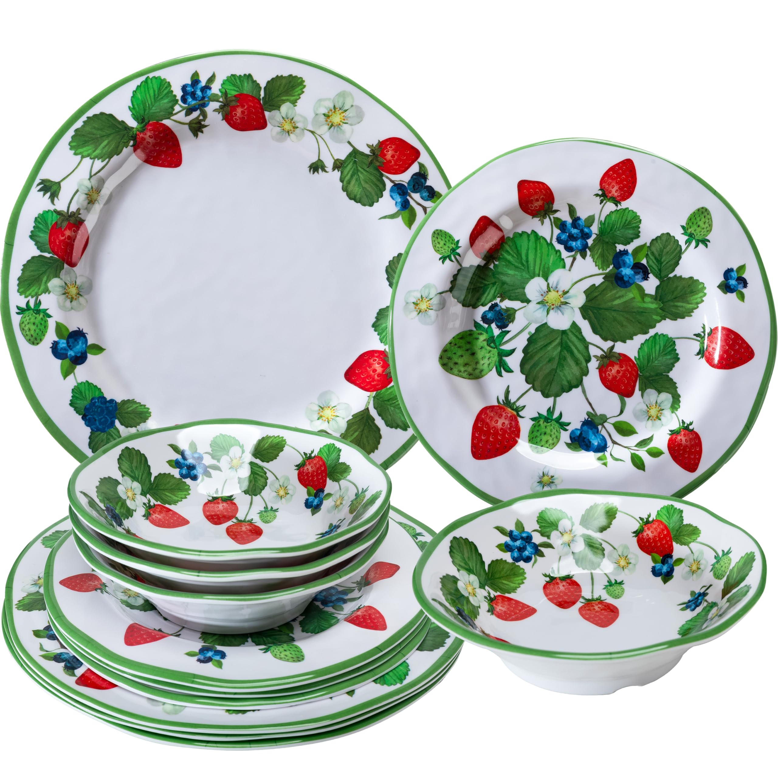 LEHAHA Strawberry Melamine Dinnerware Sets-12pcs Plates and Bowls Set, Lightweight/Unbreakable Camping Dishes Set for 4, Cute Kitchen Dinner Set for Indoor Outdoor Use