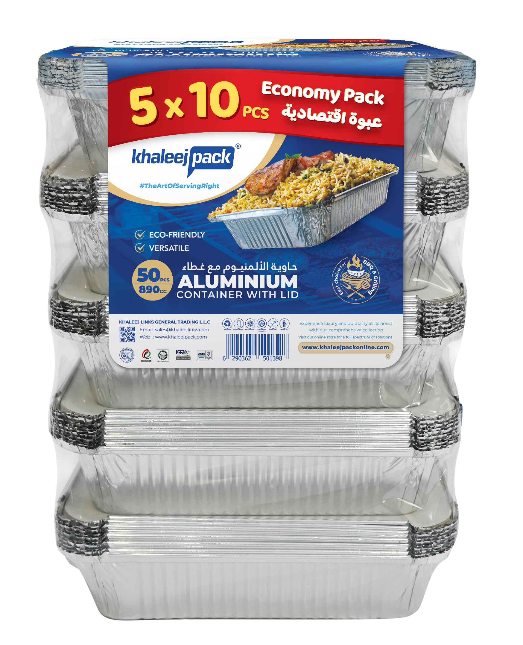 Khaleej Pack 50-Piece-8389 size Disposable Aluminum Foil Containers with Lids – 890 ml Capacity – Sturdy, Leak-Proof, Oven & Freezer Safe, Ideal for Meal Prep, Catering, and Takeaway