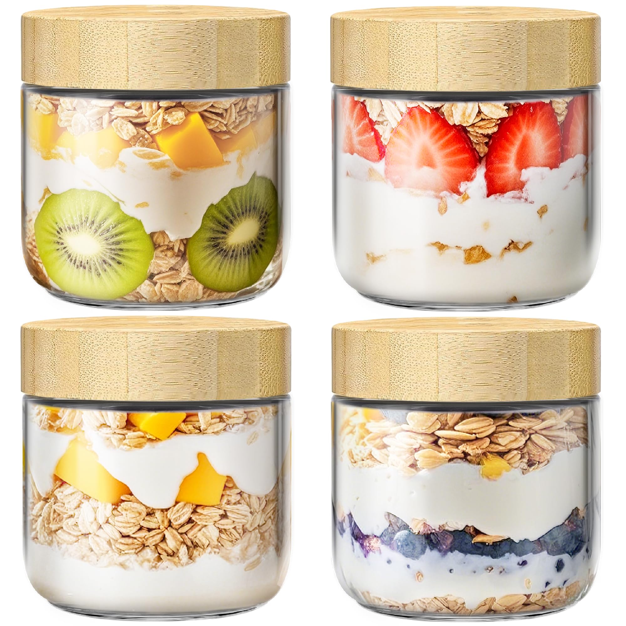 10oz Glass Meal Prep Jars with Bamboo Lids - 4 Pack: Versatile Overnight Oats, Yogurt, Salad Containers - Airtight, Leakproof, Dishwasher Safe - 3.4" Wide Mouth - BPA &