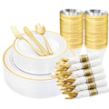 Beauenty 175 Piece Gold Plastic Dinnerware Set for 25 Guests,Elegant Disposable Dinnerware Set for Parties,Include:25 Dinner Plates,25 Dessert Plates,25 Pre Rolled Napkins with Cutlery Set,25 Cups
