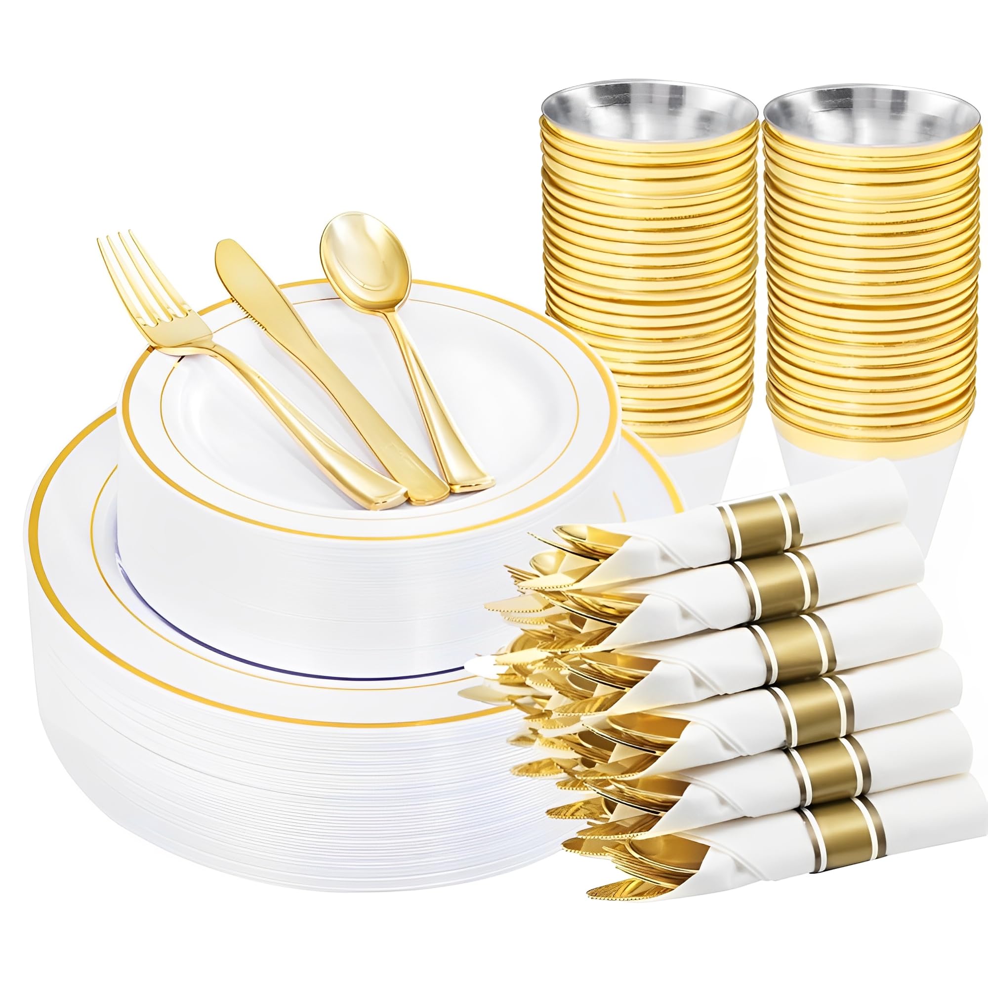 Beauenty 175 Piece Gold Plastic Dinnerware Set for 25 Guests,Elegant Disposable Dinnerware Set for Parties,Include:25 Dinner Plates,25 Dessert Plates,25 Pre Rolled Napkins with Cutlery Set,25 Cups