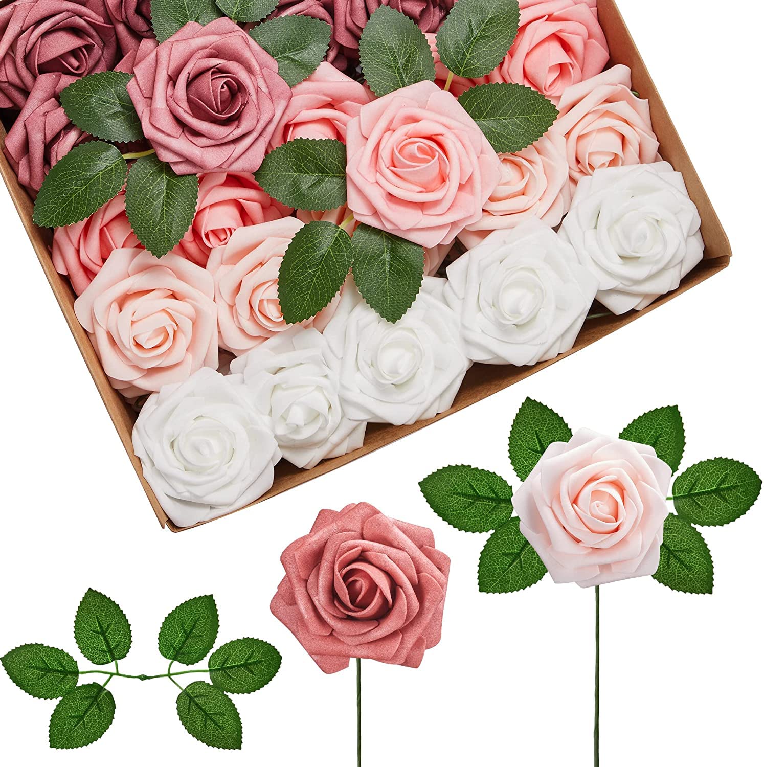 Artificial Flowers 25pcs Real Looking Foam Fake Roses with Stems for DIY Wedding Bouquets Baby Shower Centerpieces Floral Arrangements Party Tables Home Decorations (Shades of Dusty Rose)
