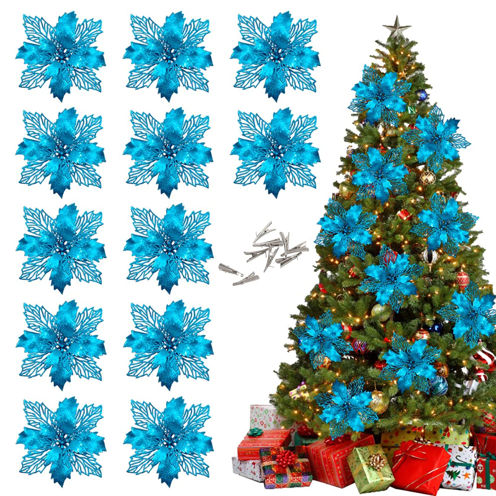 Christmas Poinsettia Artificial Flowers with Clips 12 Pcs 16cm / 6.3in Glitter Tree Ornaments for Wreath Wedding Tree New Year Decorations