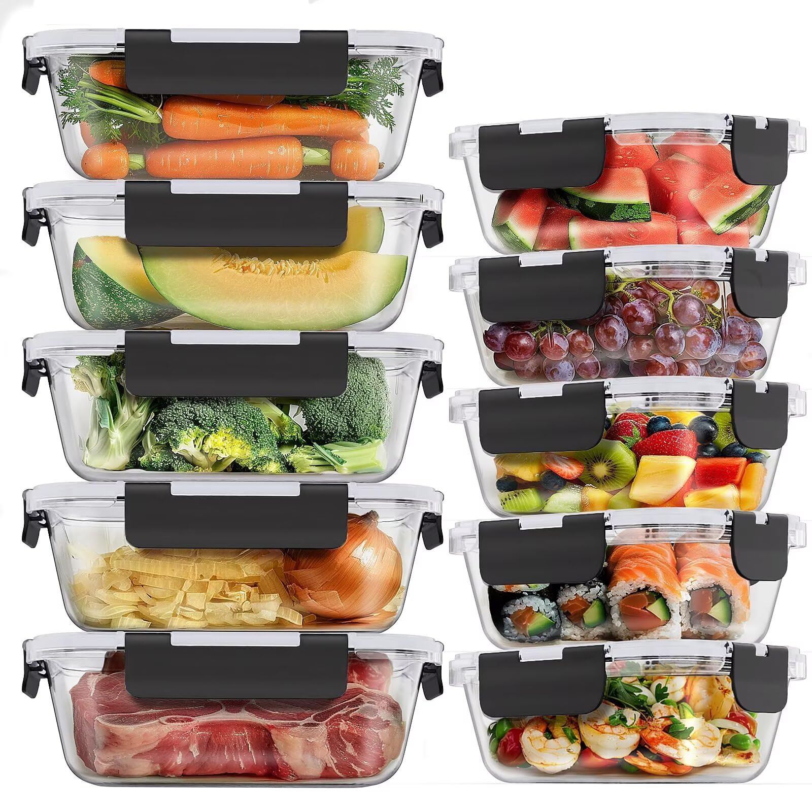 Glass Food Storage Containers 10 Pack, Glass Meal Prep Containers with Snap Lock Leakproof Lids, Reusable Microwave safe BPA-free Lunch Boxes (10 Containers & 10 Lids) 1040ml & 370ml…