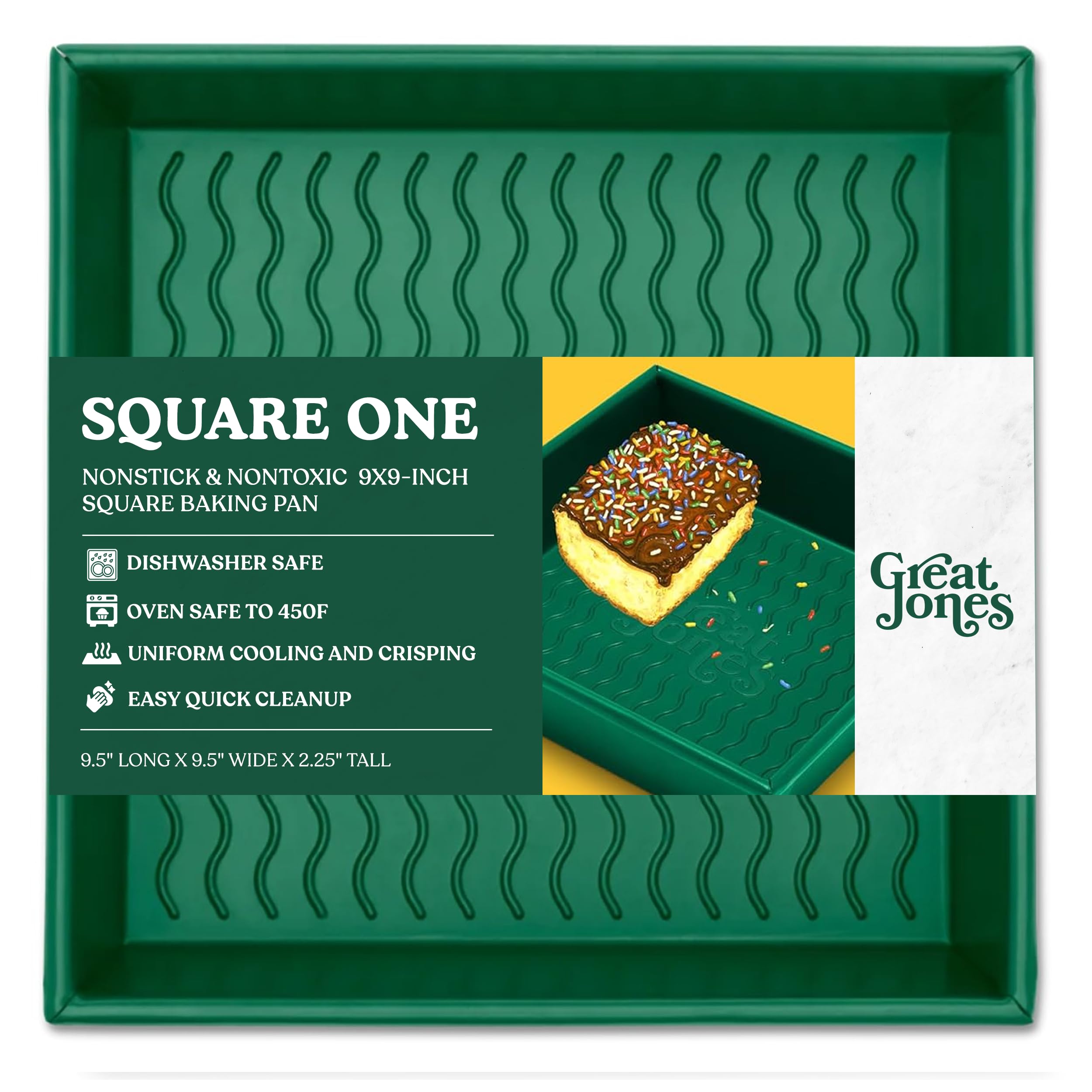 Great Jones Square One (Broccoli) | Nonstick 9x9-Inch Square Baking Pan | Signature Corrugated Bottom | Chemical-Free Nonstick Coating | Oven-Safe & Dishwasher-Friendly