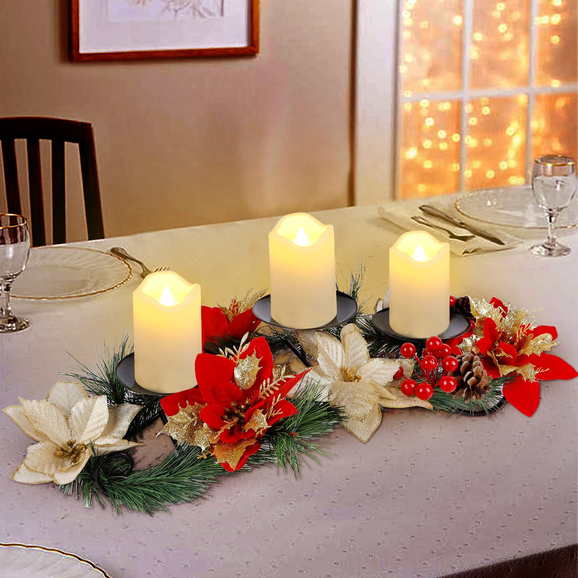 FORUP Christmas Tabletop Centerpiece, Christmas Candle Holders, Christmas Tabletop Poinsettia Centerpiece with 3 Flameless Candle, Holiday Candelabrum for Home Party Christmas Table Mantel Decorations