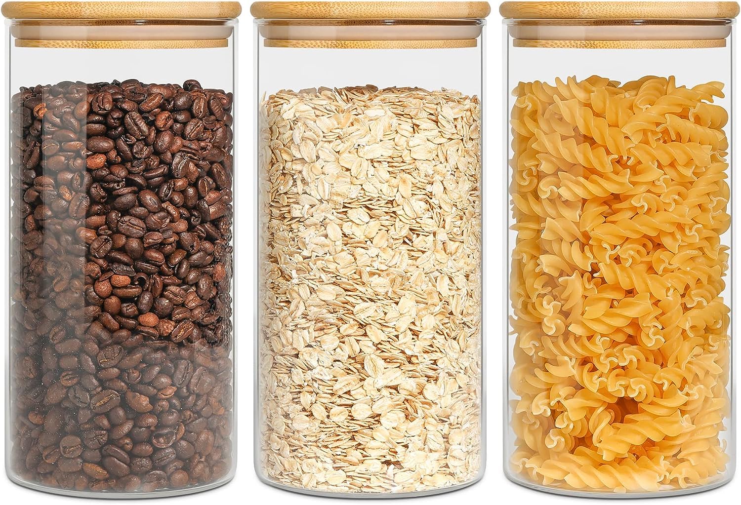 ComSaf Glass Food Storage Canisters with Lids Set of 3-30oz, BPA Free High Borosilicate Glass Cookies Jars with Sealing Bamboo Cover