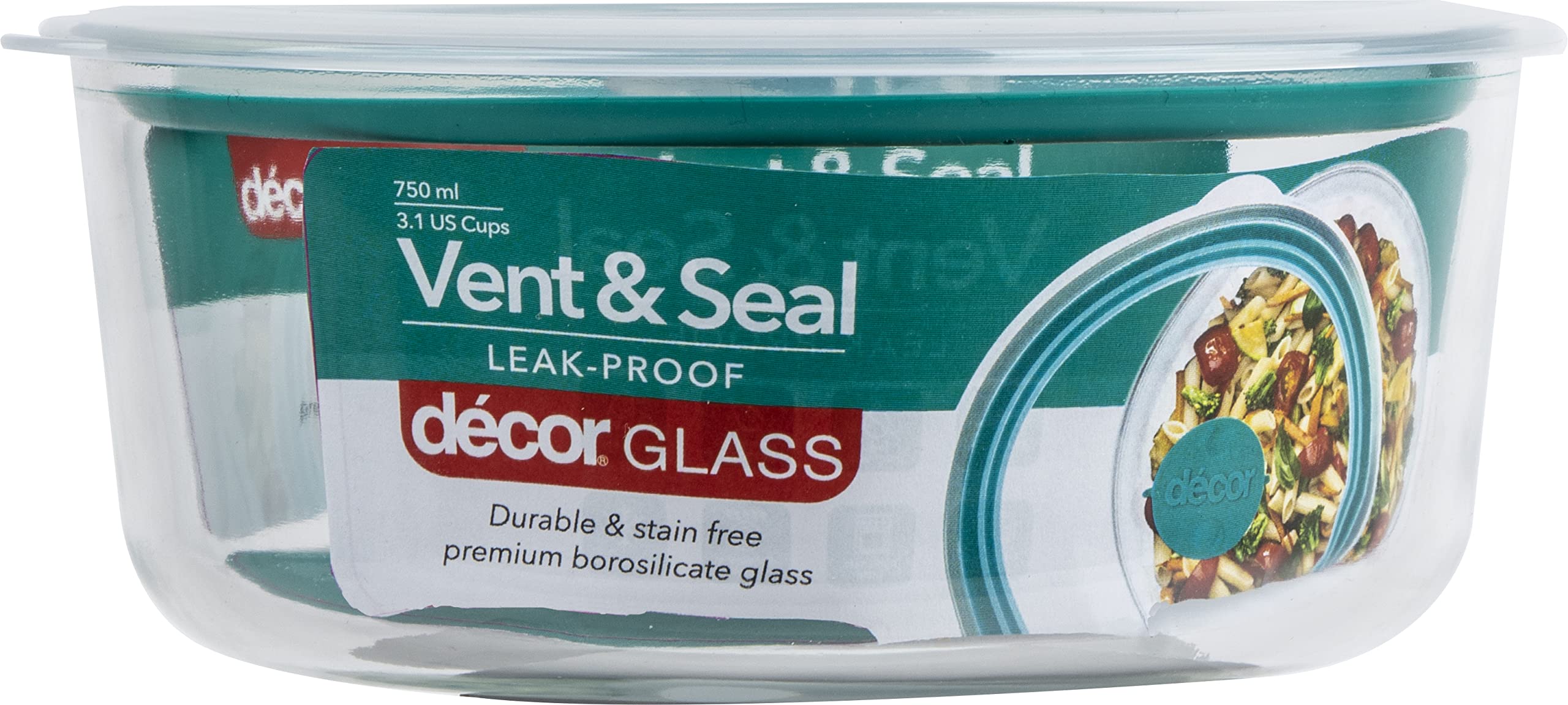 Décor Vent & Seal Glass Round Food Container, 750ml Capacity, Transparent