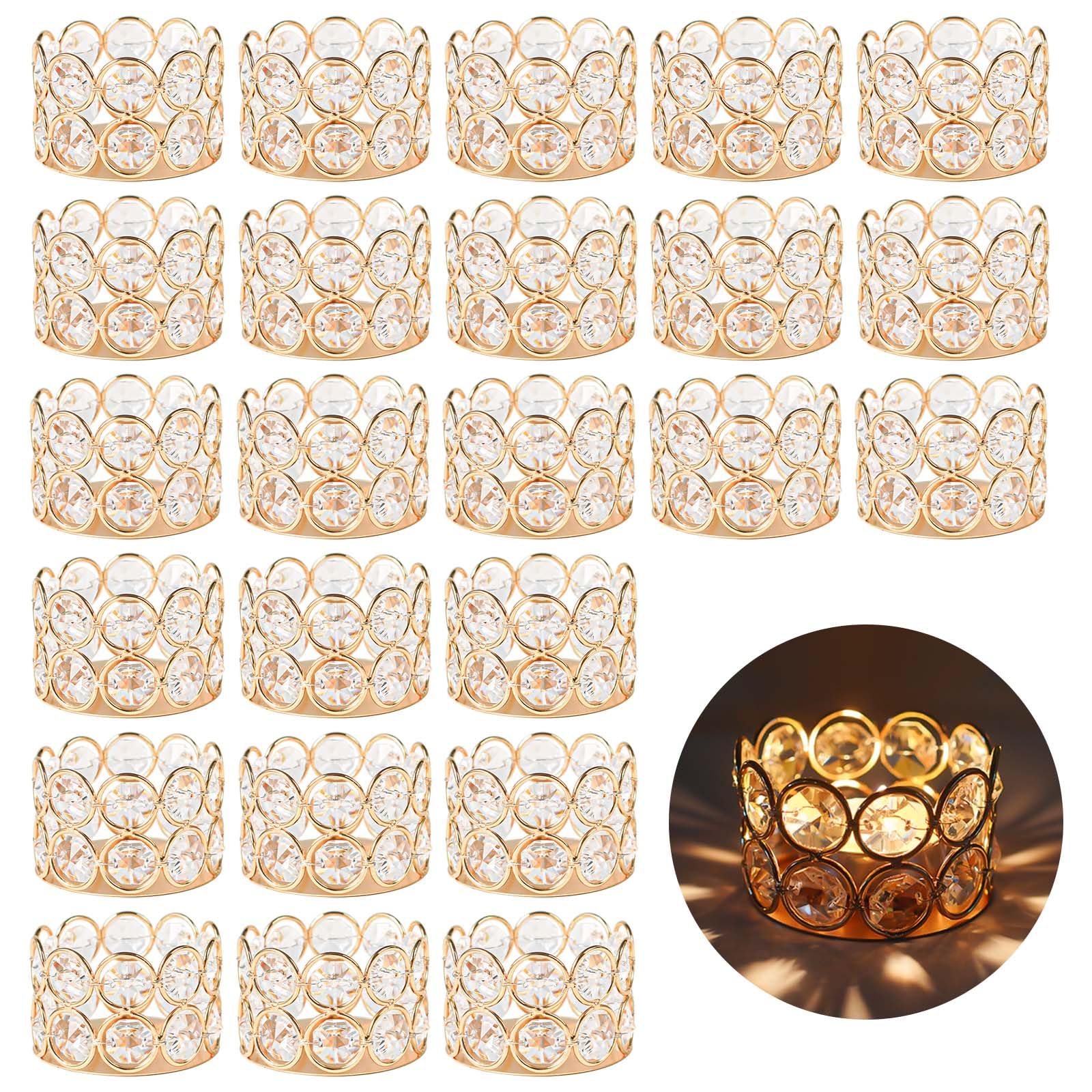 24 Pack Gold Metal Crystal Tea Light Candle Holders - 2.4"x1.6" Bulk Small Votive Candle Holders for Wedding, Home, Party Table Centerpiece Decorations