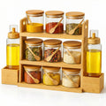 12-Piece Borosilicate Glass Spice Jar Set with Bamboo Rack | 3-Tier Wooden Organizer with 9 Jars & 2 Oil Bottles | Kitchen Countertop Storage