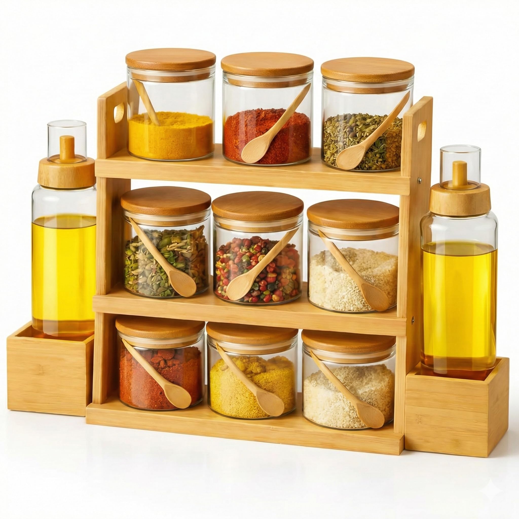 12-Piece Borosilicate Glass Spice Jar Set with Bamboo Rack | 3-Tier Wooden Organizer with 9 Jars & 2 Oil Bottles | Kitchen Countertop Storage