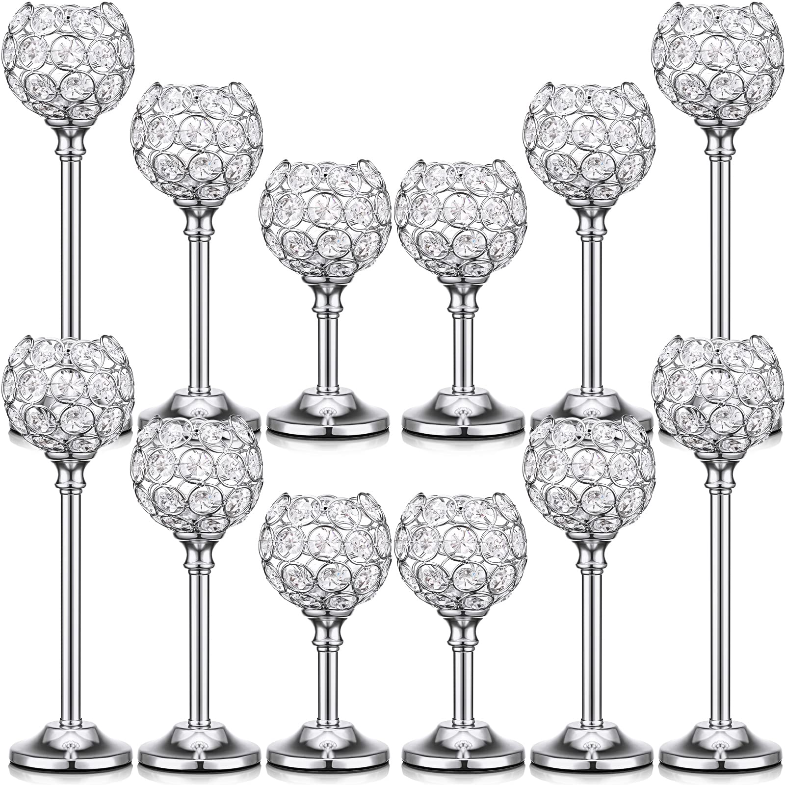 Mimorou 12 Pack Crystal Candle Holders Gold or Silver Candle Holders Bulk Decorative Tealight Candle Holder for Wedding, Party, Christmas Table Centerpieces Decoration (Silver)